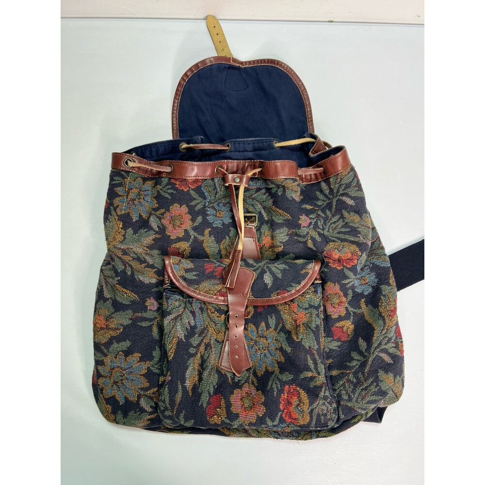 Vintage GAP Floral Tapestry Drawstring Backpack Y2K Boho Cottage Leather Trim - Picture 5 of 10
